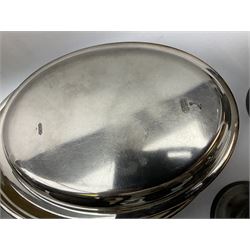 Collection of pewter to include, quart jug, one pint jug measure, teapot etc and other metalware including two Walker & Hall serving dishes