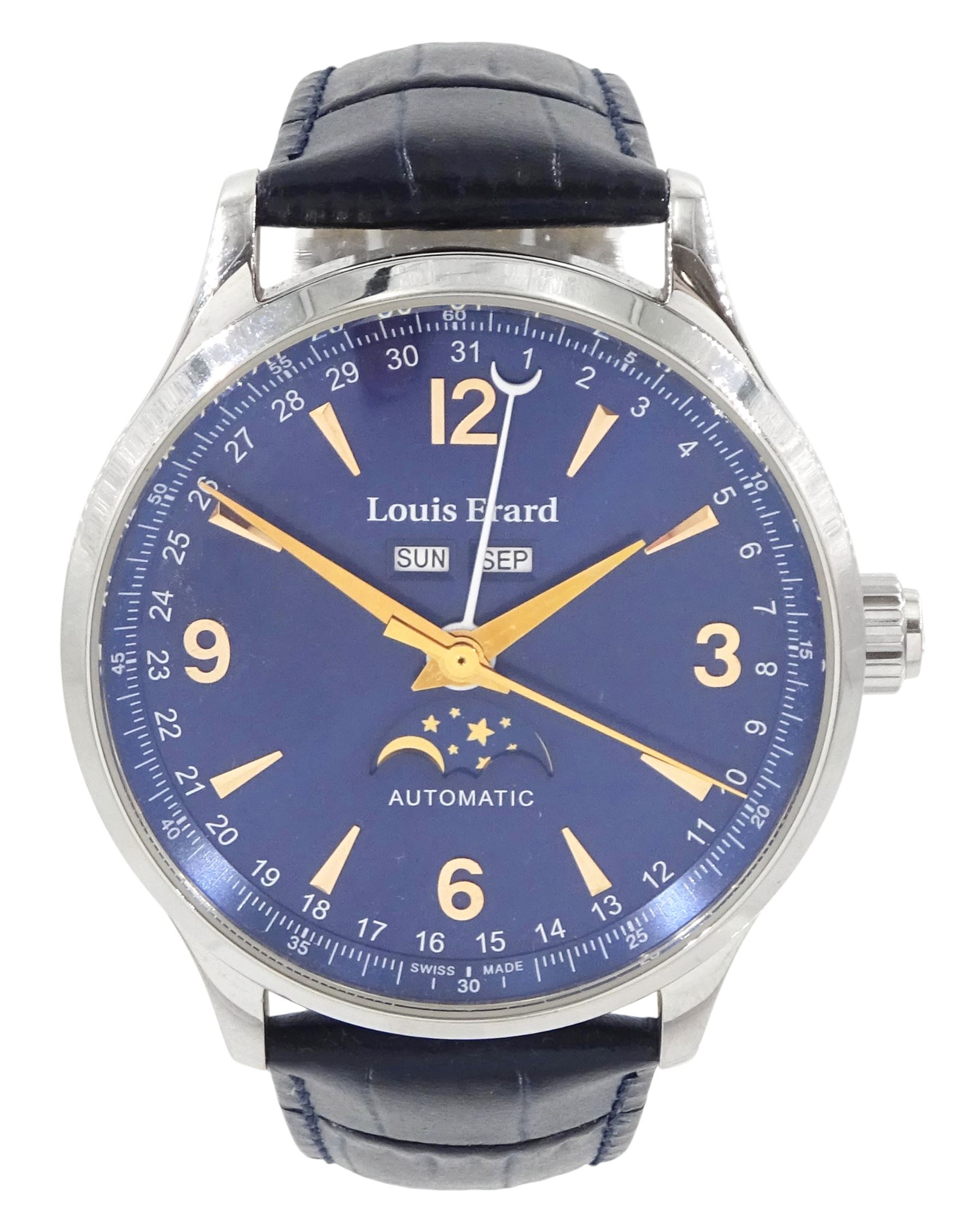 Louis Erard gentleman's stainless steel automatic moonphase wristwatch, blue dial with Arabic and dagger hour markers and day / date aperture, on blue leather strap, with fold-over clasp, boxed