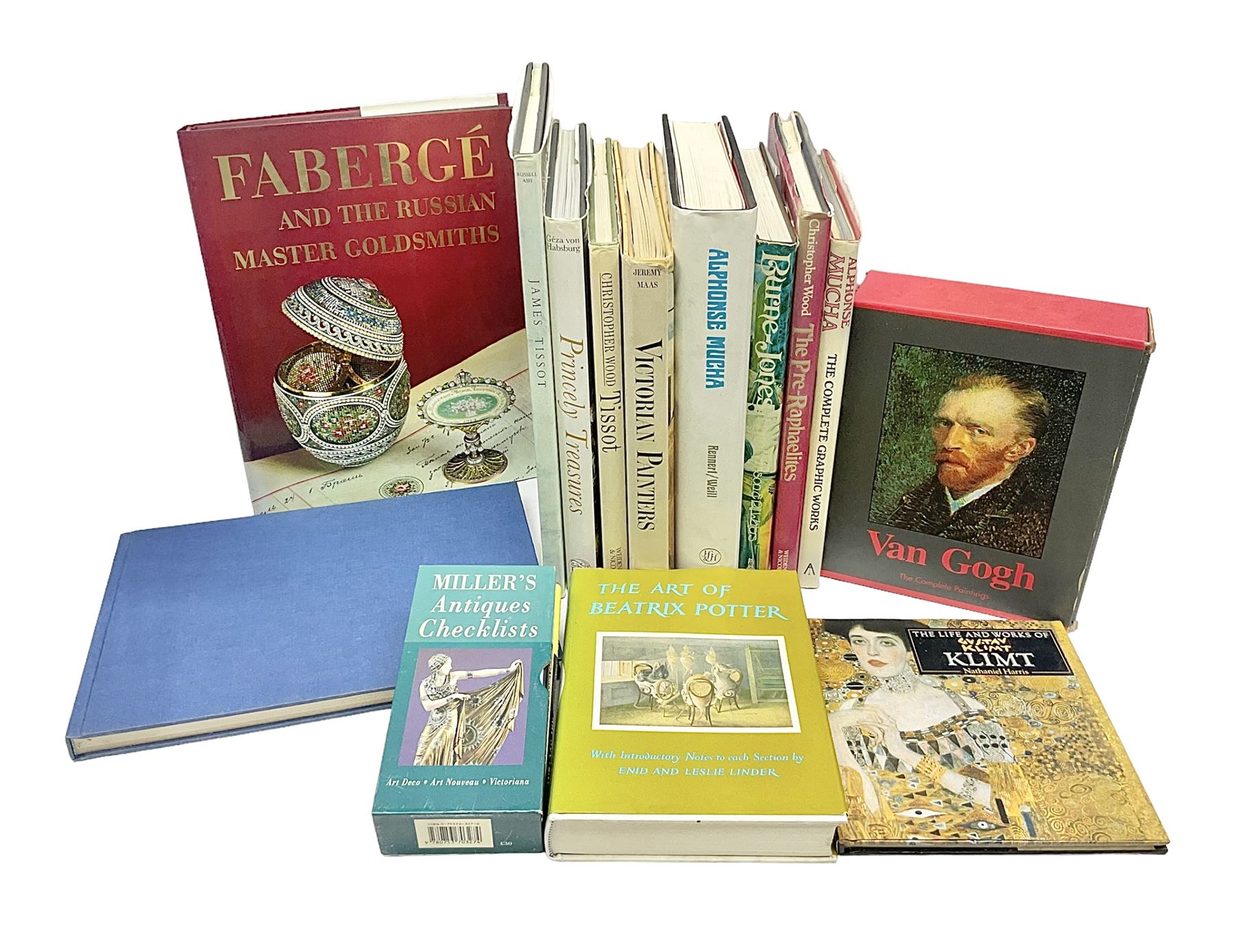 Collection of antiques reference books, mainly art, including The Pre-Raphaelites, Burne & Jones, Van Gough, The Art of Beatrix Potter, Faberge, Princely Treasures etc