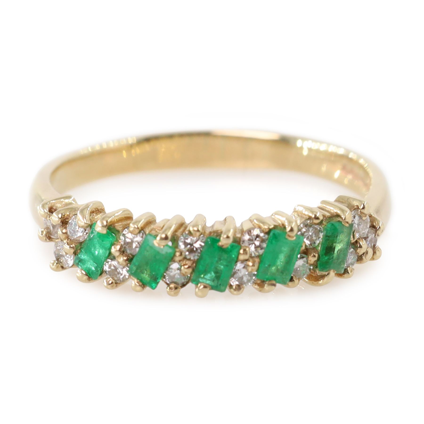 9ct gold emerald and diamond ring, set with five baguette cut emeralds and fourteen round brilliant cut diamonds, hallmarked 