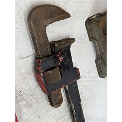 Tull bench pillar drill, Beechers Bender, Clarke grinder, pair of Stilsons, axel stands and bottle jack