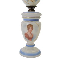 Victorian opaline glass oil lamp, with transfer printed decoration of Napoleon Bonaparte and his wife Josephine, H60cm