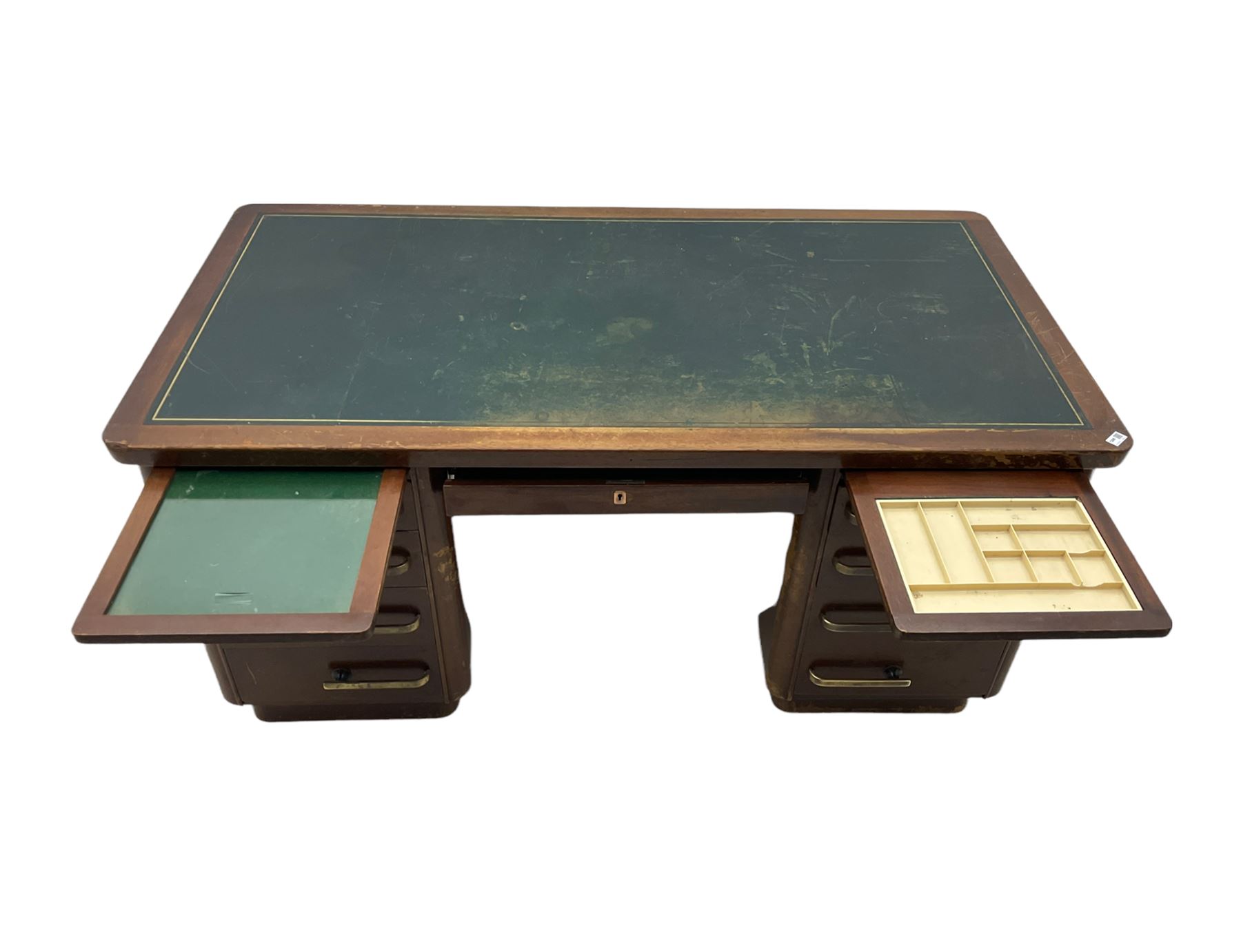 Abbess - mid 20th century mahogany twin pedestal office desk, inset leather writing surface, fitted with nine drawers and three slides