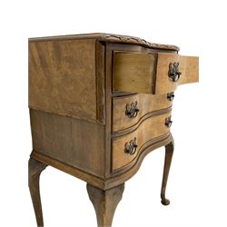20th century burr walnut chest, drop leaf serpentine top over three drawers, on cabriole supports