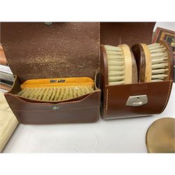 Gents leather cased travelling toilet set and cased brushes; two cameras; roll of drawing instruments; travel clock; coins; compacts etc