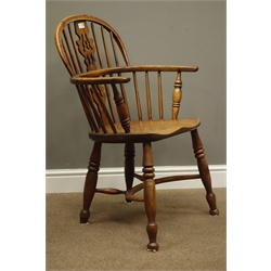  19th century Yew and elm Windsor armchair, turned supports with crinoline stretcher,  