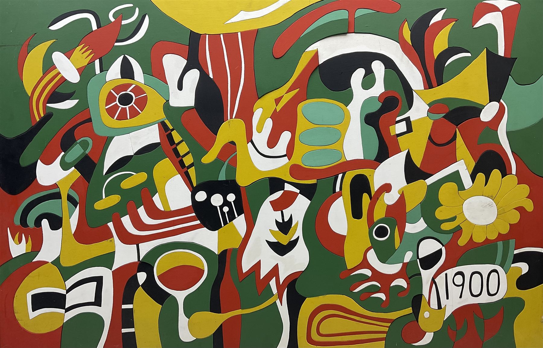 Christine Gloria Cox (Scarborough 1942-2014): '1900', collage of acrylic panels signed and titled with Yorkshire Artists Exhibition label verso 61cm x 92cm (unframed)