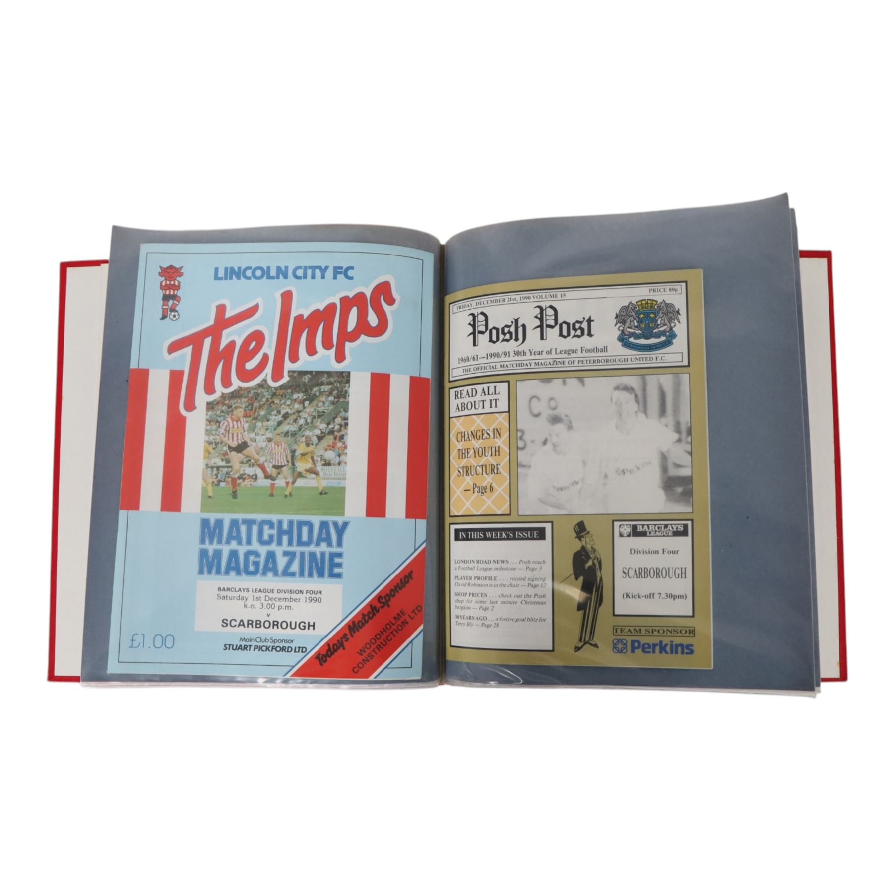 Comprehensive collection of approximately one hundred and seventy Scarborough FC football programmes for the 1990/91, 1991/92 and 1992/93  seasons, all filed within six dedicated Scarborough FC red Home and Away binders