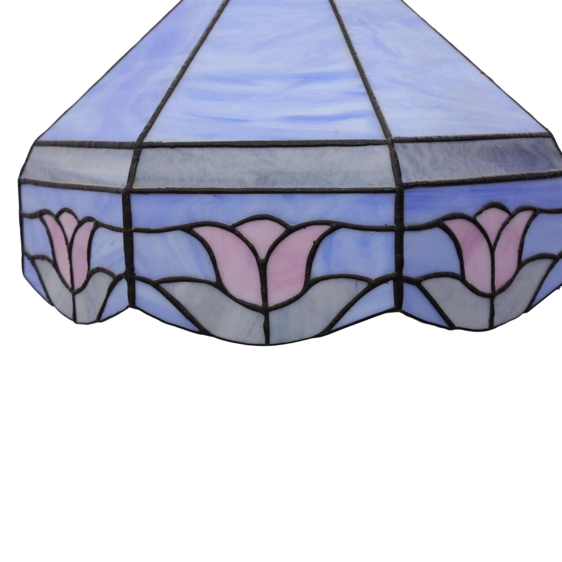 20th century Tiffany style stained glass centre light, the multi-sided shade formed from marbled blue glass panels bordered by a band of stylised floral motifs