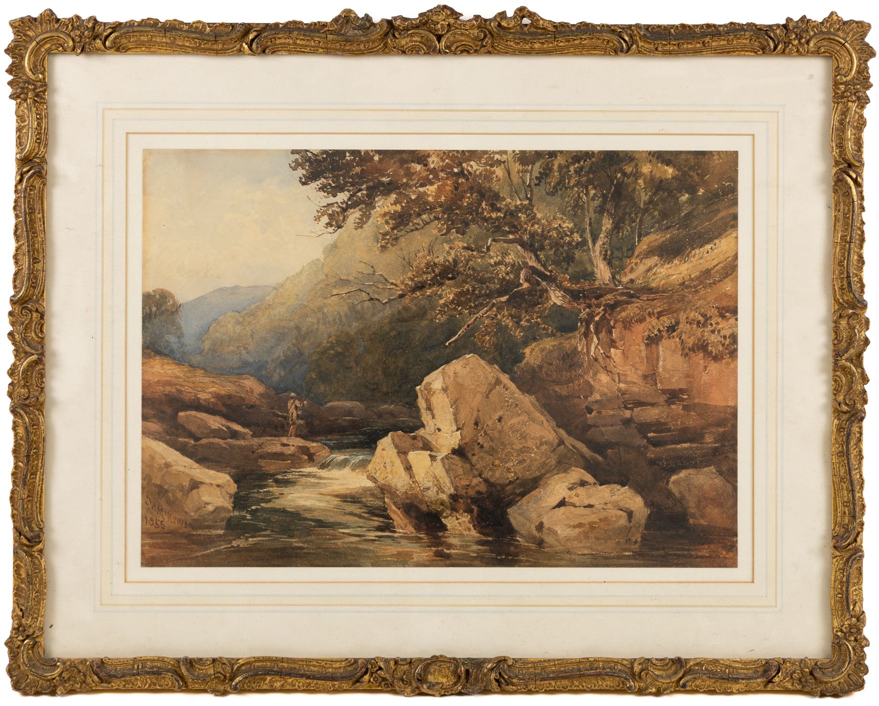 David Hall McKewan (British 1816-1873): View of a River with Distant Fisherman, watercolour signed and dated 1856, 26cm x 37.5cm 