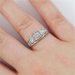 Art Deco white gold diamond ring, five milgrain set graduating old cut diamonds, in a square openwork setting, stamped 18ct, total diamond weight approx 0.80 carat