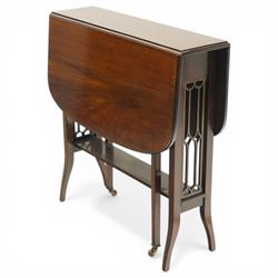 Edwardian mahogany Sutherland table, rectangular drop-leaf top with rounded corners, raised on gate-leg base with pierced end supports