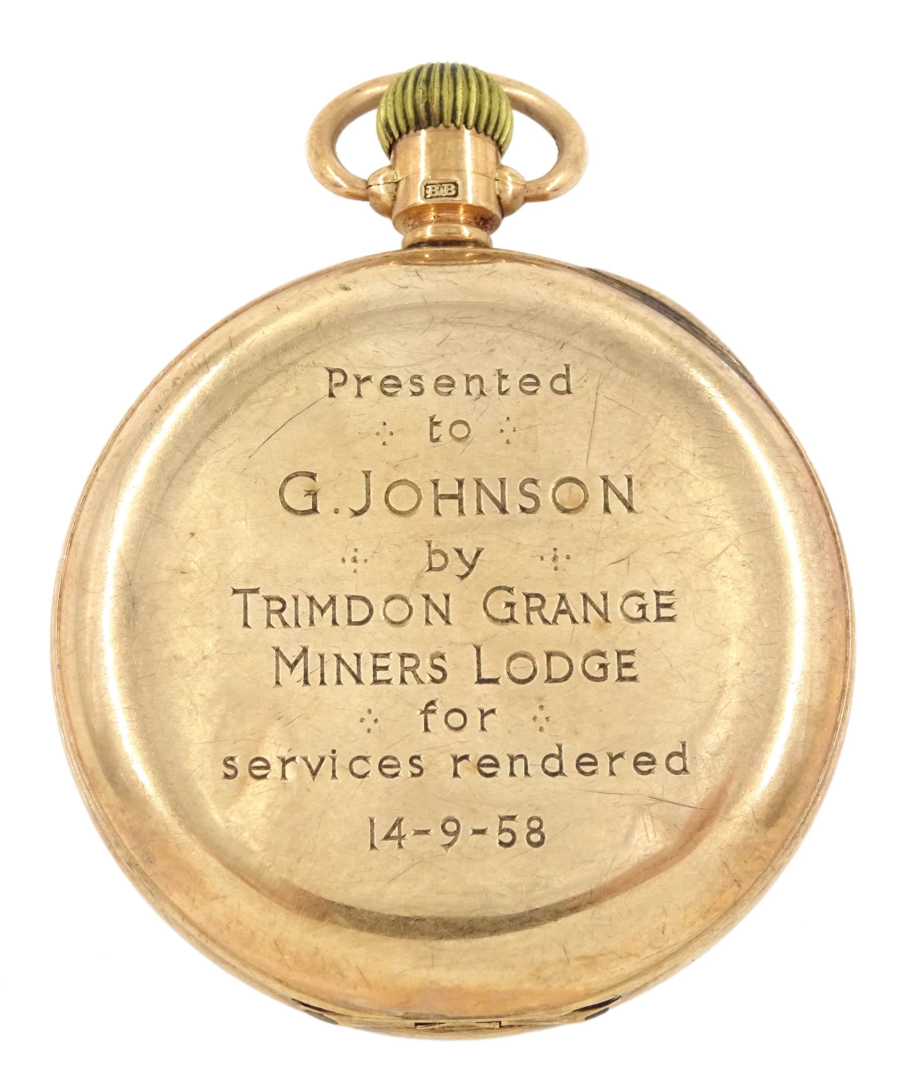 Early 20th century 9ct gold open face, keyless lever presentation pocket watch by Globe Watch Company, white enamel dial with Arabic numerals and subsidiary seconds dial, hallmarked