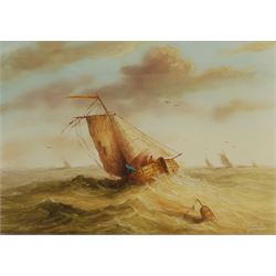 Ronald Cavalla (British 1940-): Fishing Boats in Heavy Sea, oil signed 9cm x 13cm