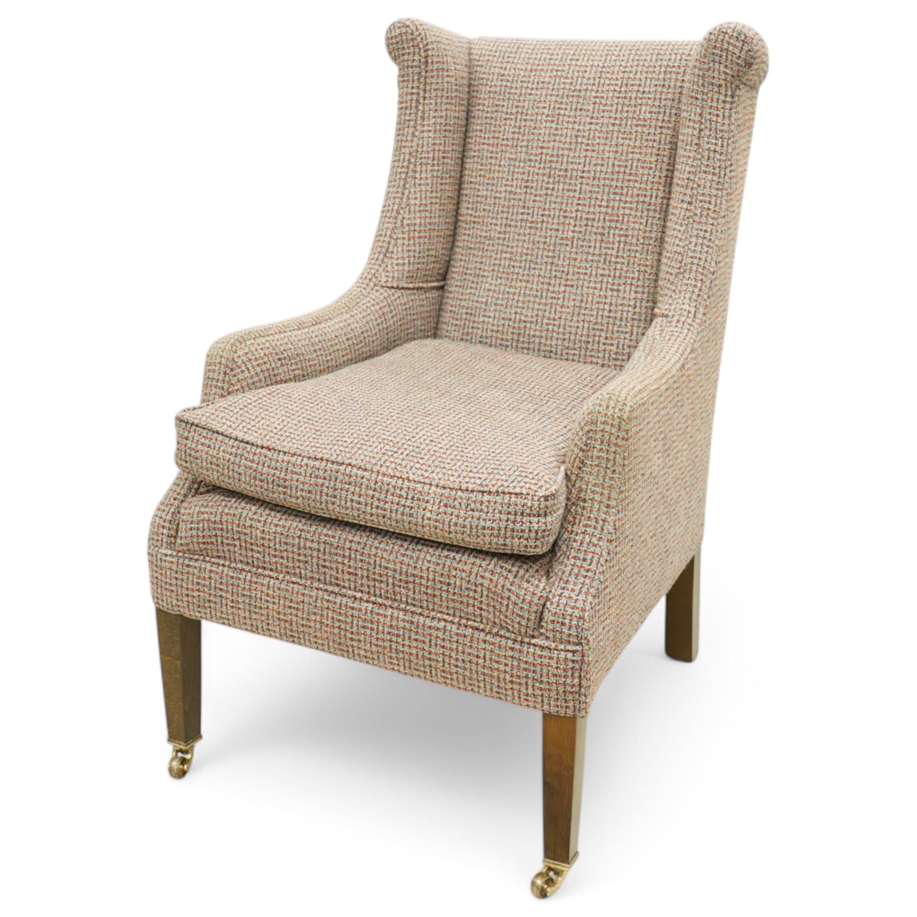 Whitehead designs - Edwardian design 'Tissington' wingback armchair on square tapering feet with castors, upholstered in pink tweed fabric