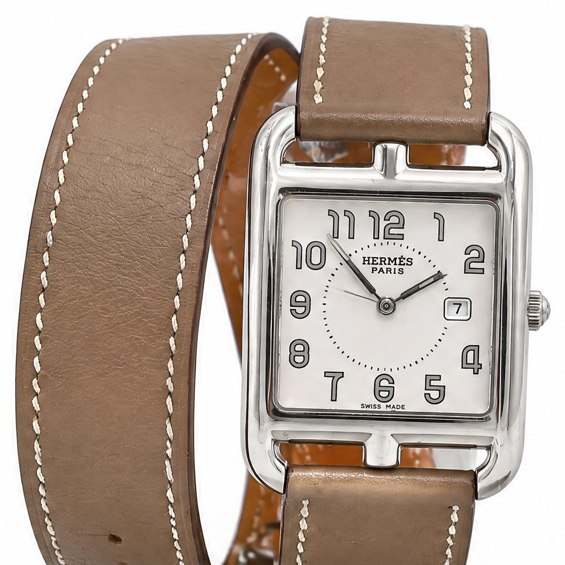 Hermès Cape Cod ladies stainless steel quartz wristwatch, Ref. CC2.710, white / silvered dial with Arabic hour markers, on taupe leather strap, boxed with guarantee dated 2011