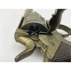 Early 20th century Flobert 5mm blank firing revolver with six-shot chamber, top venting, nickel plated with folding trigger No.118 L12.5cm overall; replica non-firing 'British Bulldog' revolver; and Windproof gas lighter inscribed 'Revolver-99 Spring and Autumn' in holster marked 'Star-Line'