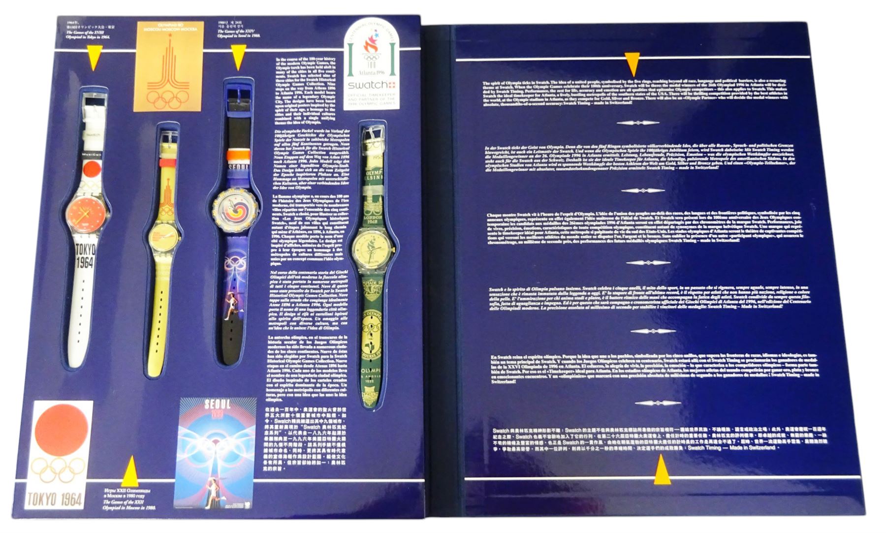 Swatch Historical Olympic Games Watch Collection, eight quartz wristwatches and one automatic, made for the Atlanta 1996 Olympic games