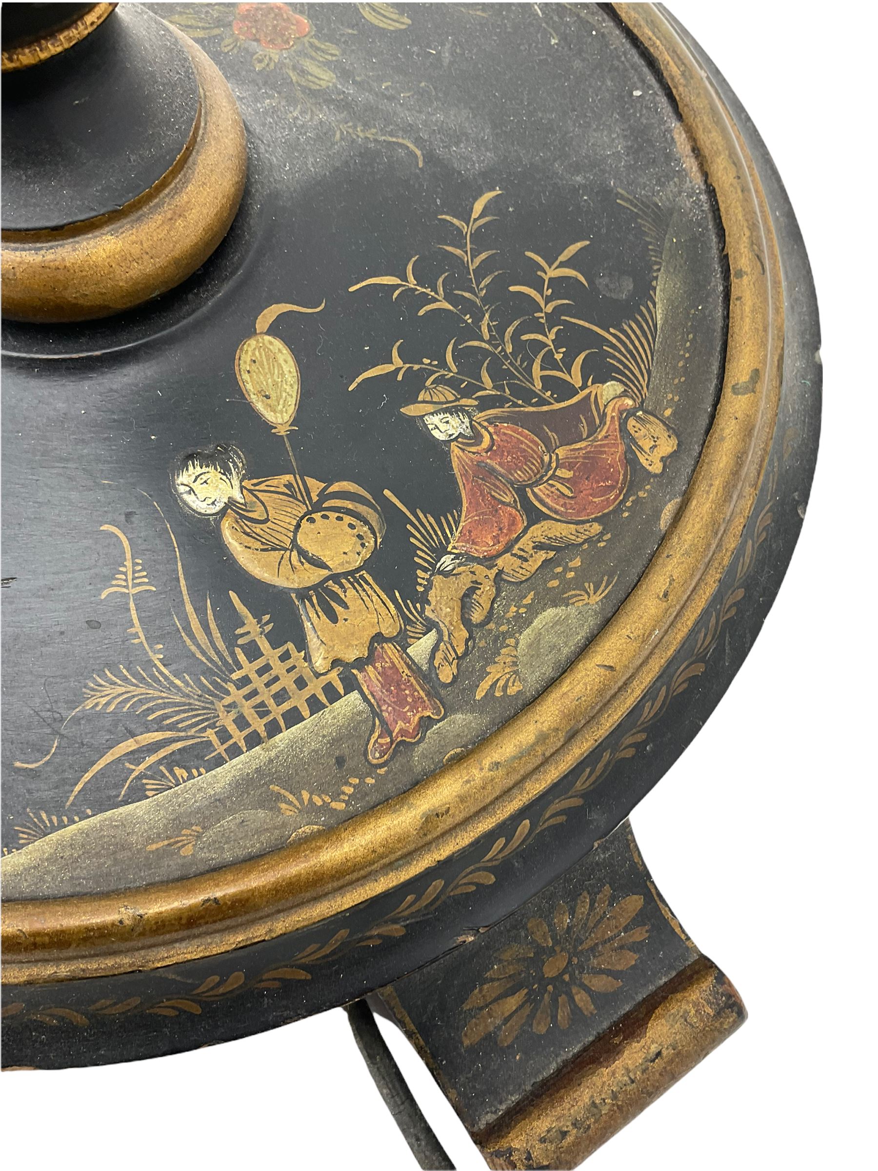 Late 20th century chinoiserie standard lamp, the circular base decorated with raised gilt figural scenes, H153cm (measurement excluding shade and fitting)