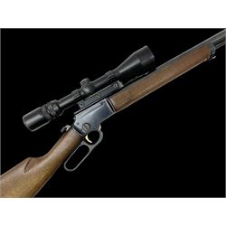 Marlin Model 39A Mountie .22 rim-fire rifle with 51.5cm barrel and under lever action with Bisley 3-9 x 40 variable scope L93cm overall SECTION 1 FIRE-ARMS CERTIFICATE REQUIRED
