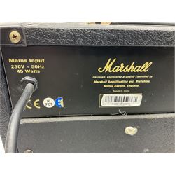 Aria Sinsonido mahogany electric travel guitar, serial no.0502385 L86cm; in original gig bag with earphones and GM11 Minituner; together with Fender Sidekick Reverb 25 amplifier and Marshall MG Series 15DFX amplifier (3)