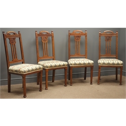  Set four oak Arts & Crafts dining chairs, pierced cresting rail, relief carved floral motif, upholstered seat,  W50cm, H105cm, D46cm  