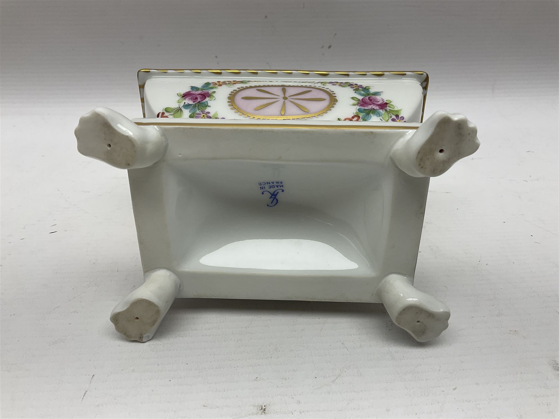 Limoges France hand painted ink well pot stand with lion paw feet, together with  pot pourri vase and cover in the shape of an egg raised on three scroll feet, ink well H14cm 
