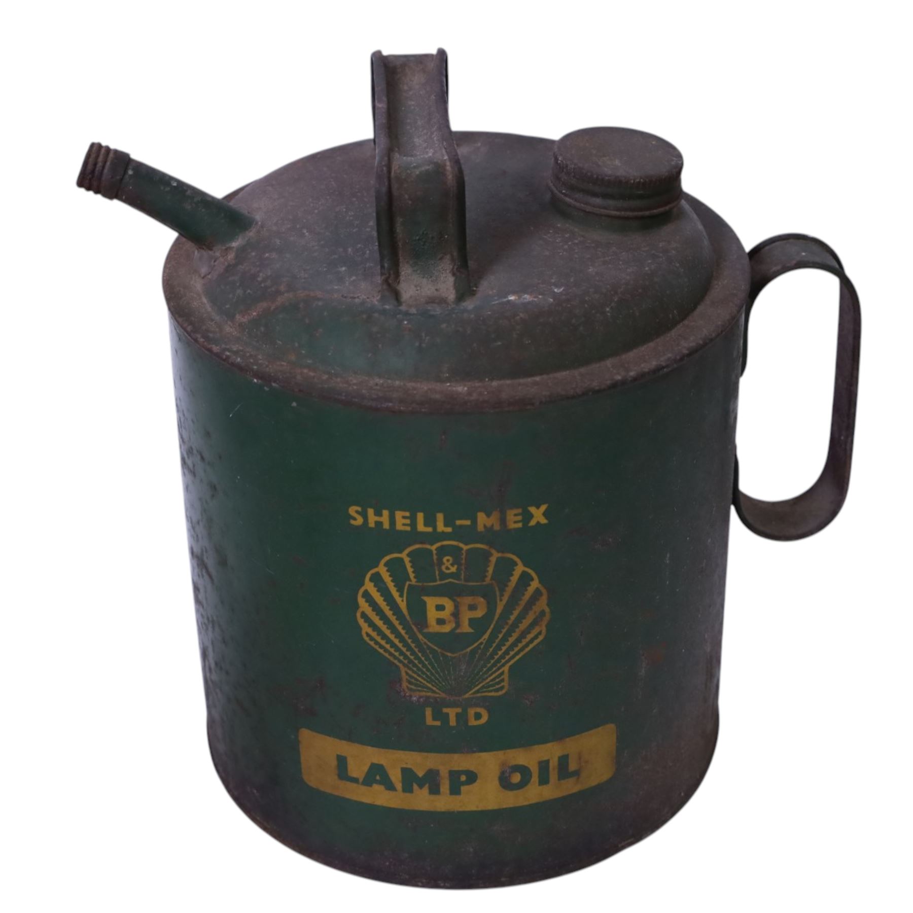 Shell-Mex Lamp Oil can, three oil jugs, including two red Esso examples and a green Castrol example and one other