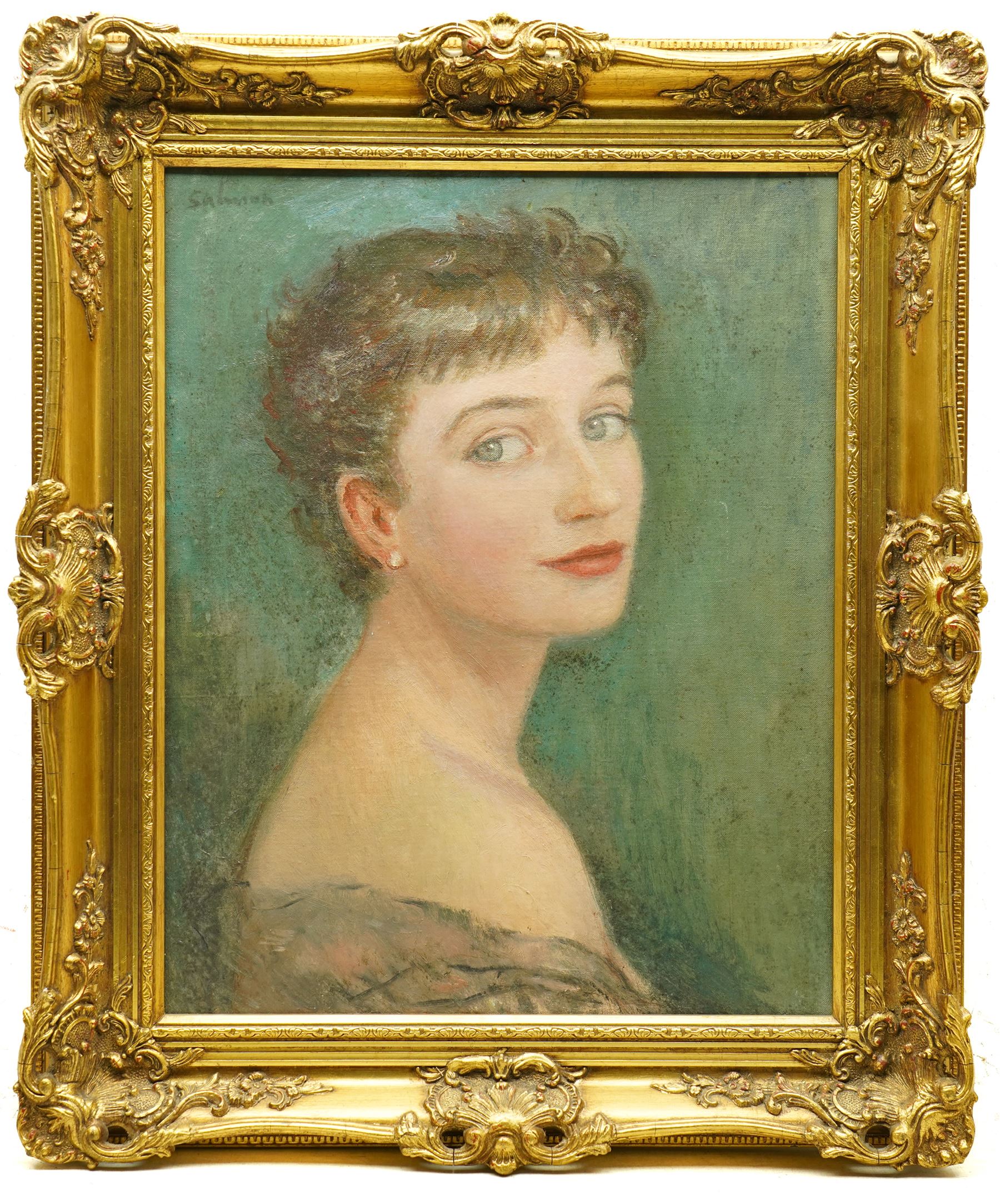 Dona Salmon (British mid-20th century): Portrait of a Lady, oil on canvas signed inscribed and dated 1955, 50cm x 40cm