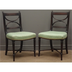  Pair Regency mahogany chairs, shaped x-shaped backs with reeded uprights, upholstered seats  