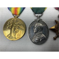 WW1 group of three medals comprising British War Medal, 1914-15 Star and Victory Medal awarded to 1270 Dvr. J. Fisher A.S.C.; and Territorial Efficiency Medal to T4-214571 Dvr. J. Fisher R.A.S.C.; all with ribbons (4)