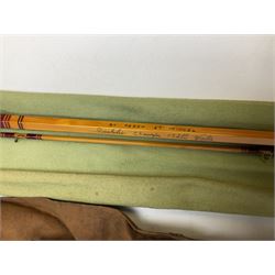 Four vintage split cane fishing rods in cloth bags, to include the Scottie Impregnated JS Sharpe rod and Pezon et Michel Farlow rod (4)
