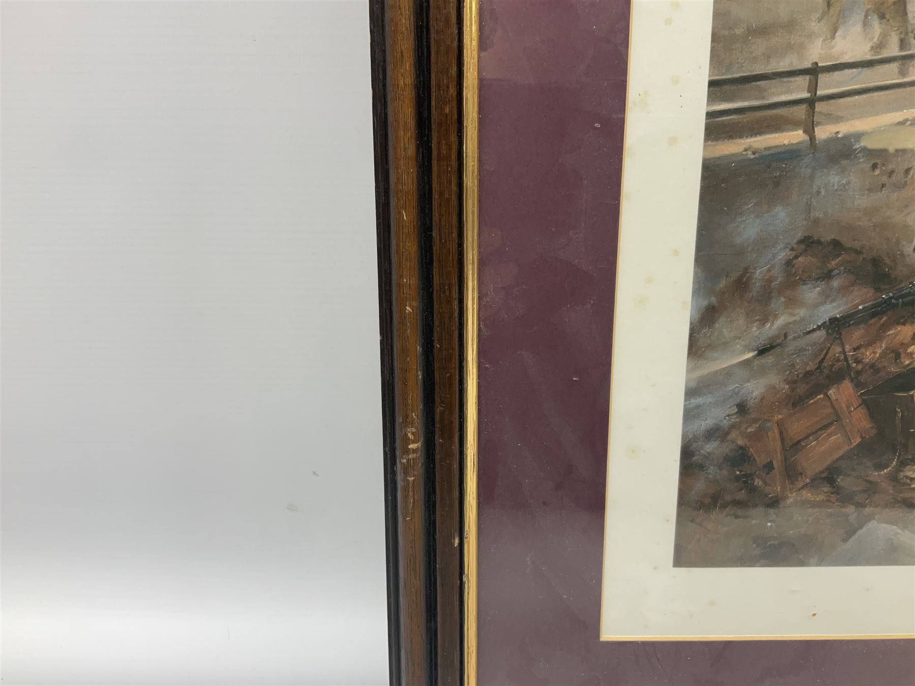 After Alan Fernley, colour print 'The Bridge at Arnhem', signed on the mount, 37 x 50cm; and after John Sellars, colour print 'Pegasus Bridge. Early Morning of D-Day 6th June 1944 Benouville Normandy'; both in mahogany stained frames (2)