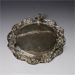 19th century continental silver waiter, of hexagonal form with stipple and scroll border, engraved with floral decoration to centre, upon three stylised paw feet, W19.2cm