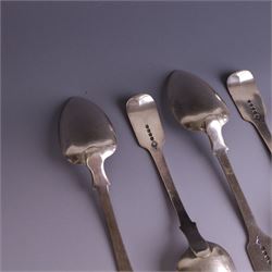 Set of four George III silver Fiddle pattern table spoons all engraved with monogram, hallmarked Thomas Wallis (II) & Jonathan Hayne, London 1819, together with a  Victorian silver Fiddle pattern teaspoon with engraved initials, hallmarked William Rawlings Sobey, Exeter 1846