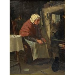 David W Haddon (British fl.1884-1914): Old Lady with Black Cat Toasting Bread on the Kitchen Range, oil on board signed 40cm x 30cm