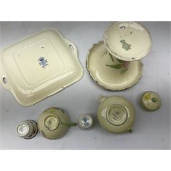 Group of ceramics to include Art Deco examples, Arthur Wood twin handled vase decorated in the Garden Wall pattern, Art Deco style Coalport twin handled lidded sucrier and saucer, Mason's Applique jug (scratch through mark), Royal Doulton Minden bowl and jug, Copeland Spode Royal Jasmine jug, Crown Devon, etc