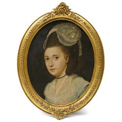 English School (Late 18th century): Portrait of Benjamin Mather (1753-1821) and his Wife Sarah Perry (1755-1788), pair oval oils on canvas laid onto board with family history verso , together with the original bodice worn by Perry in the painting, and her associated 9ct gold and black enamel 'Regard' mourning ring, with plaited hair shank, 25cm x 19cm (2)

Notes: The sitters belong to the extended Mather family of Lancashire, a lineage of considerable historical significance on both sides of the Atlantic. The family traces back to Richard Mather (1596-1669), a prominent Puritan minister who emigrated from England to New England in 1635, becoming a founding figure in early colonial Massachusetts. His descendants in America included his son Increase Mather (1639-1723), President of Harvard College, and his grandson Cotton Mather (1663-1728), one of the most influential theologians and writers of early American history.

The present sitters descend from a parallel English branch of the same family. Benjamin Mather married Sarah Perry in London in 1776. Sarah Perry died in 1788 aged 33 and was buried at Wellingborough, Northamptonshire. This branch of the family remained in England, while their close relations established the prominent New England Mather dynasty.

The remainder of the extensive related family ephemera, including indentures and other documents dating from the 17th century onwards, will be offered for sale in our Maps, Antiquarian Books & Ephemera auction on 24th July.