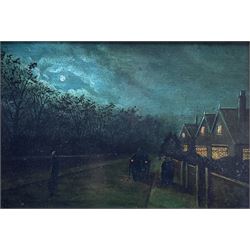 Wilfred Bosworth Jenkins (British 1857-1936): Moonlight Suburban Street, oil on panel signed 20cm x 30cm