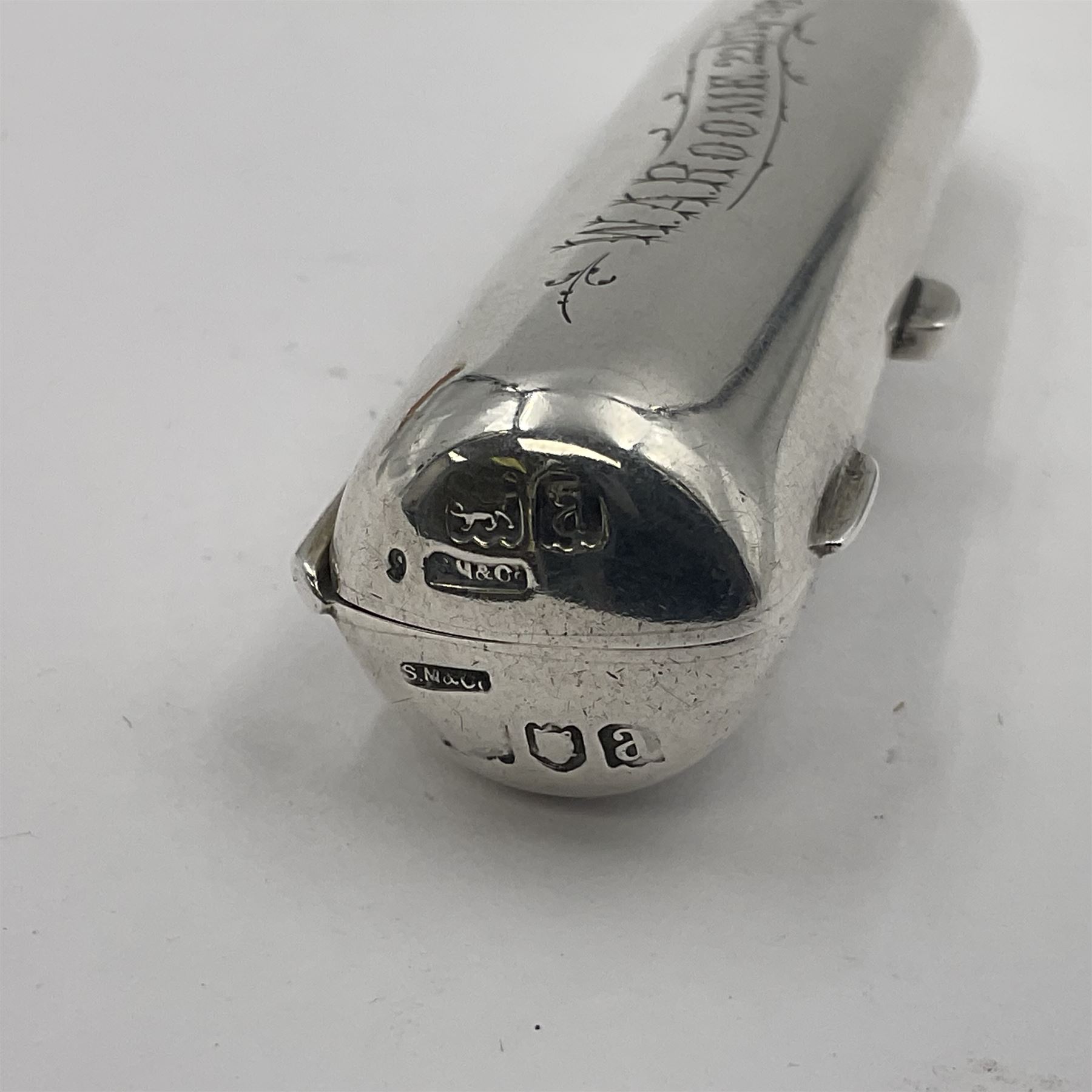 Two cheroot holders, one example with 9ct gold collar, together with two Victorian silver cheroot holder cases, both of typical form, one with personal engraving to cover, hallmarked Sampson Mordan & Co, London 1896