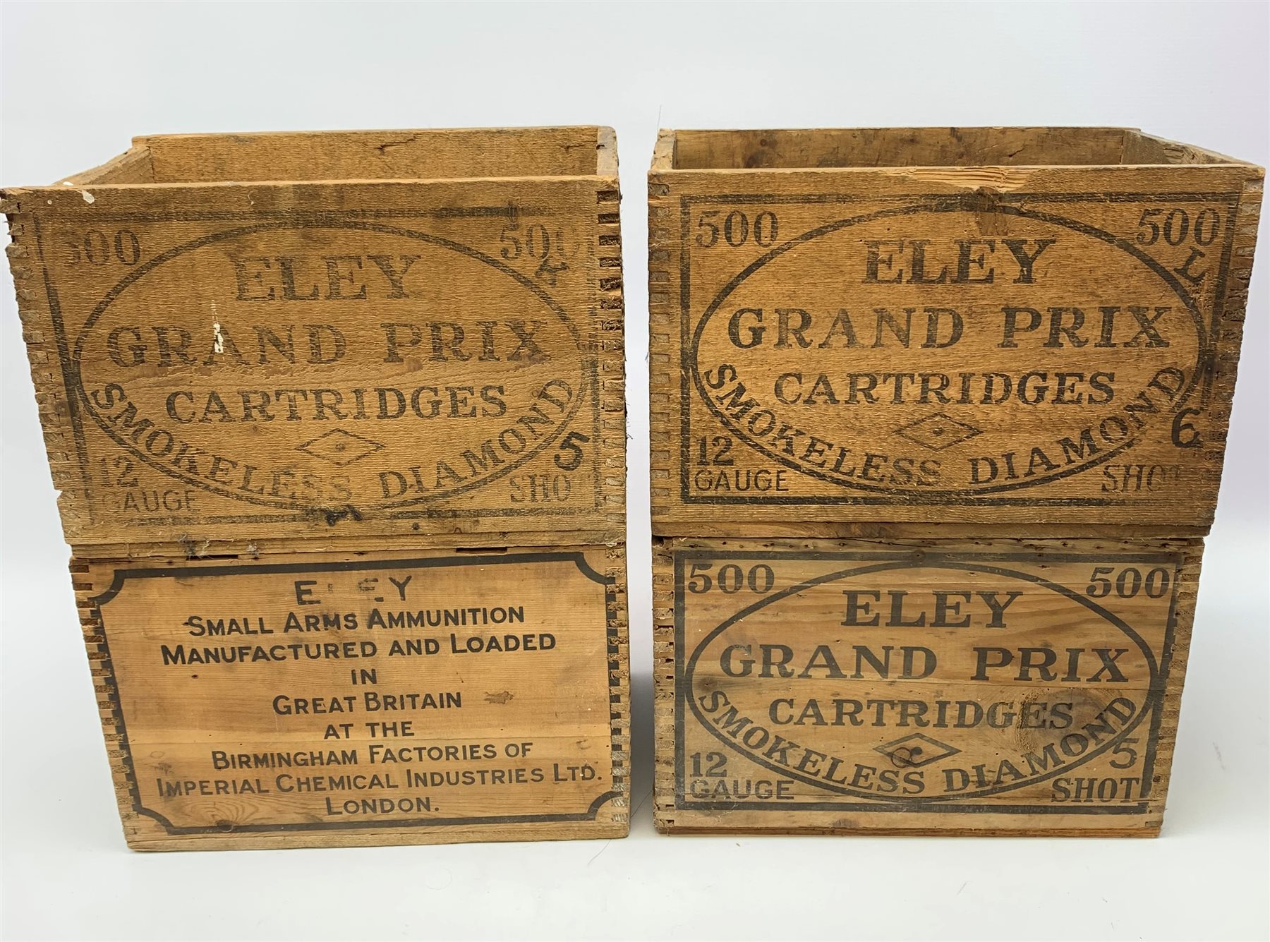Four vintage Eley cartridge wooden crates each with stencilled decoration 35 x 24 x 23cm; now containing old used metal cartridges and caps etc (4)