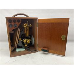 W. Watson & Sons Ltd lacquered brass compound microscope circa 1910, the back foot signed W. Watson & Sons Ltd, 313 High Holborn London and numbered 8193, together with a boxed collection of glass microscope biological sample slides