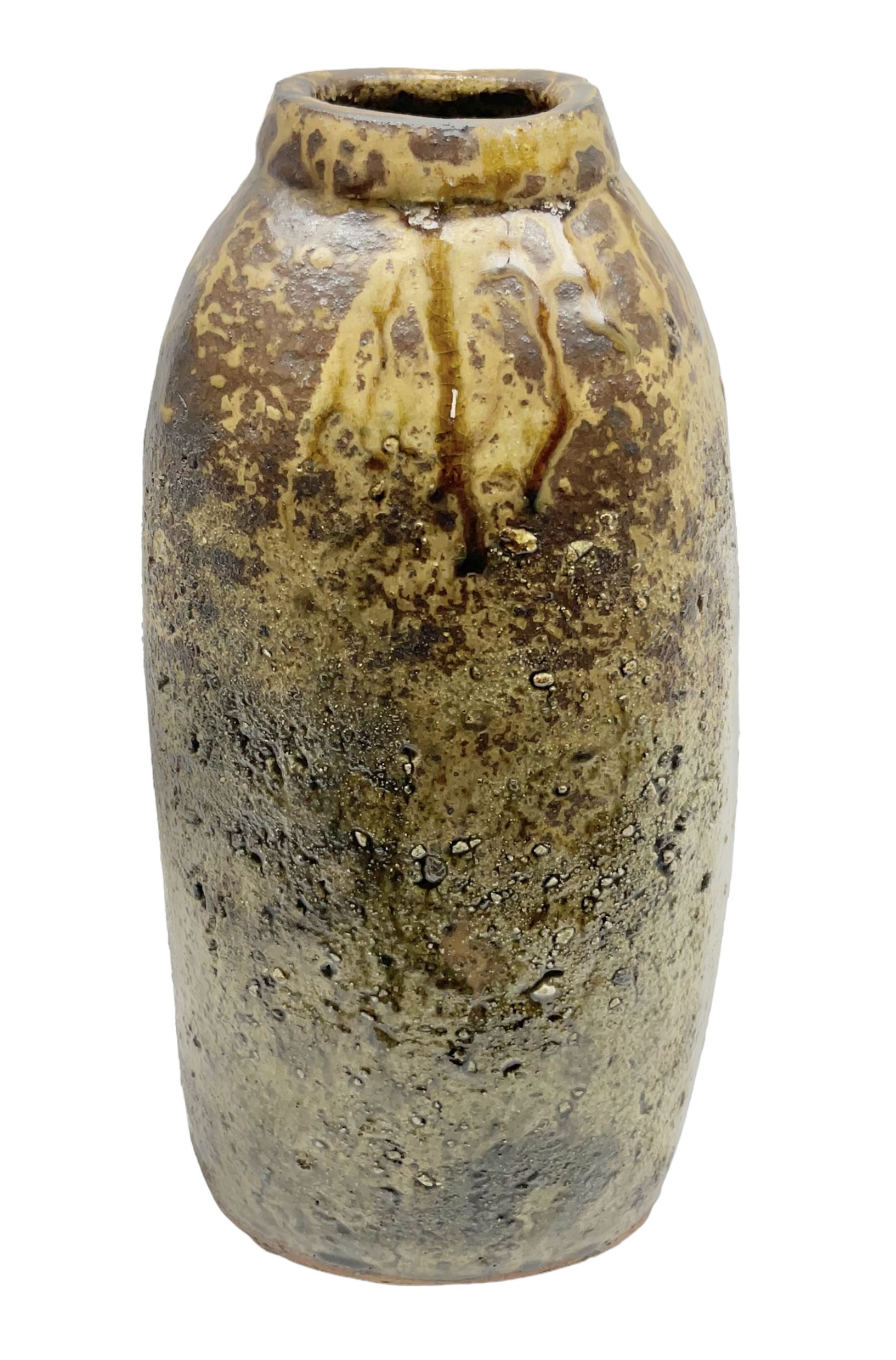 Janet Leach (American, 1918-1997) for Leach Pottery; studio pottery Bizen style vase of tapering form, the stoneware body decorated in a mottled green and brown dripped ash glaze, with impressed J.L. monogram and stamp marks beneath, H30cm