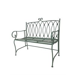 Regency design wrought metal bench, scrolled cresting rail over roundel decorated back and scrolled arms, with strap seat, in pistachio finish