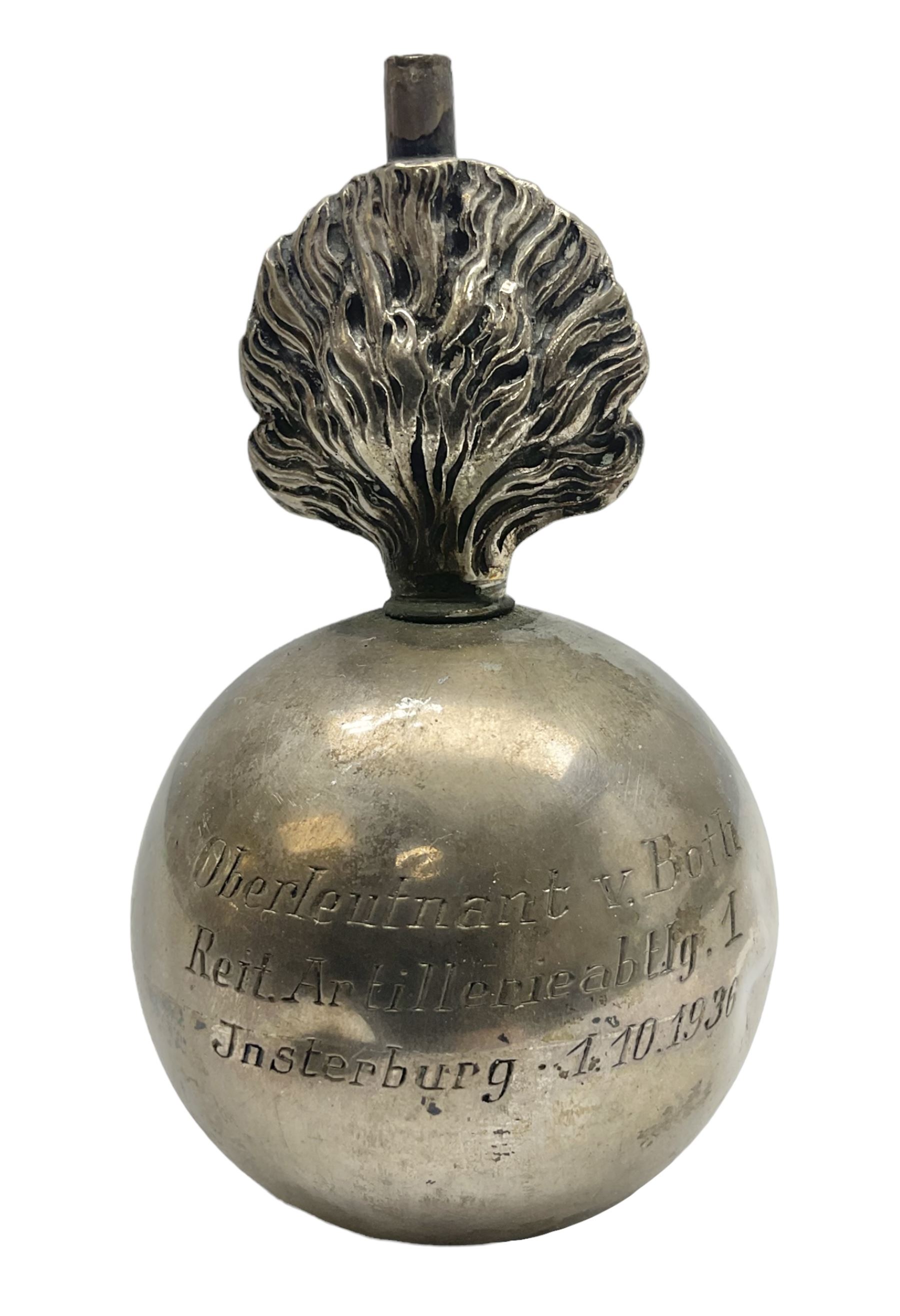 Pre-WW2 German presentation silver mess cigar lighter in the form of a flaming globular grenade with flambe finial inscribed 'Oberleutnant v.Both Reit. Artillerieabtlg. 1 Jnsterburg 1.10.1936' and 'R1' verso; marked 'Moon Crown 835 D. Gadebusch' H10cm