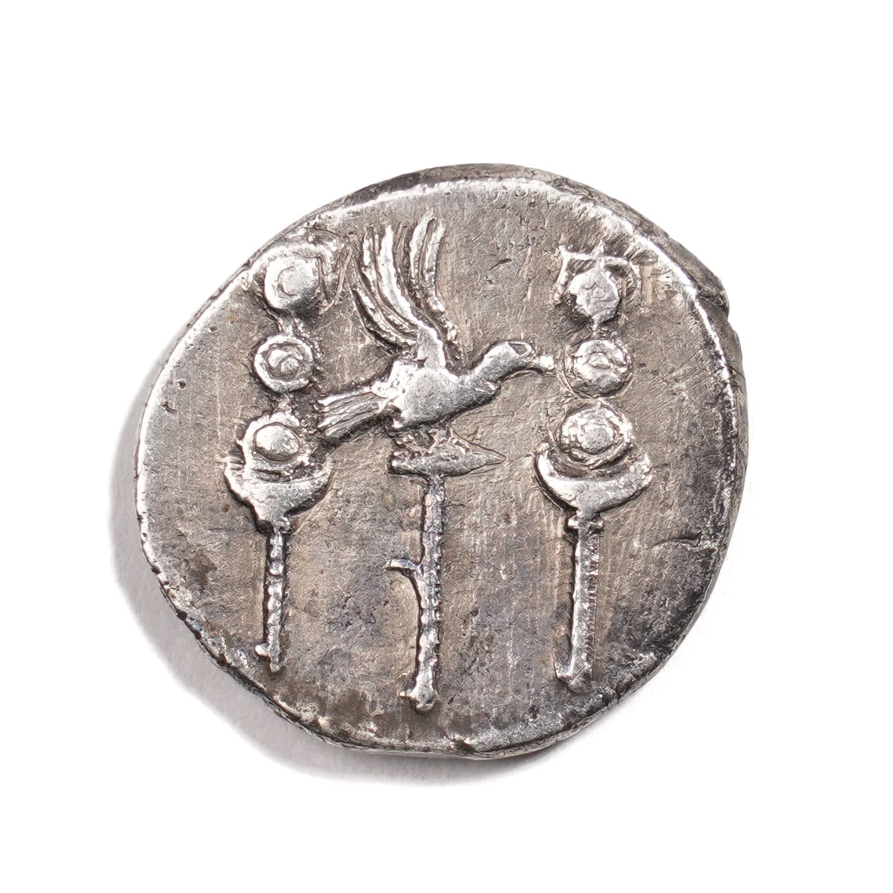 Roman Empire - Nero (AD 54-68): Silver Denarius coin, obverse laureate head of Nero right, reverse Aquila (legionary eagle) between two standards, IMP NERO CAESAR AVG P P; c.AD 67-68, Rome mint