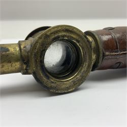 19th century continental (probably French) leather shot bag with vertically rotating brass and glass sight gauged shot dispenser for 6 - 8 gms of shot L22.5cm