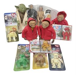 Three battery operated figures of E.T.; battery operated figure of Star Wars Yoda; Tonto action figure; Sunny Jim soft toy; another action figure, possibly 006; all unboxed; and six carded TY Bear figures (13)