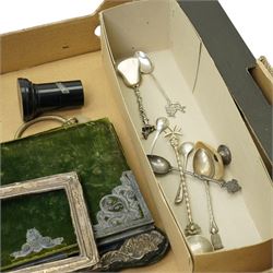 Edwardian silver folding desk blotter Sheffield 1904, three silver mounted frames, silver spoons etc