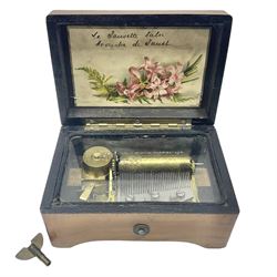 Small late 19th/early 20th century Swiss walnut cased musical box, the overglazed movement with 5cm cylinder and thirty-five tooth comb; the lid with card inscribed 'La Fauvette Salse' and 'Marche de Faust'; under base winding with key; serial no.50443, L12cm